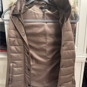 White House Black Market Taupe Quilted Puffer Vest with Faux Fur Trim Hood